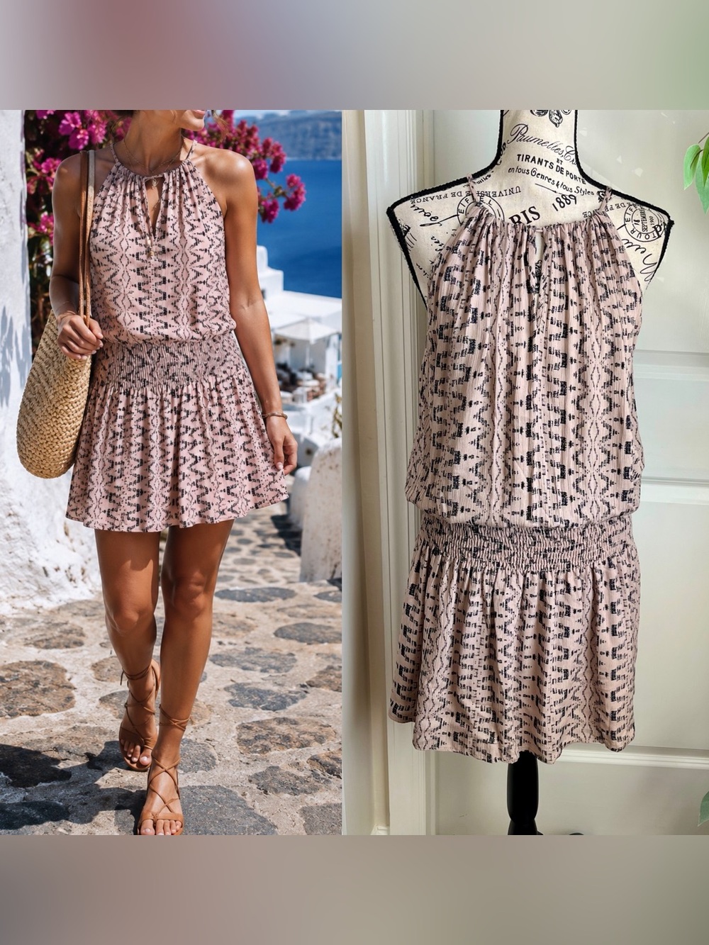 Veronica M Aztec Print Smocked Halter Mini Dress Beige Sz S